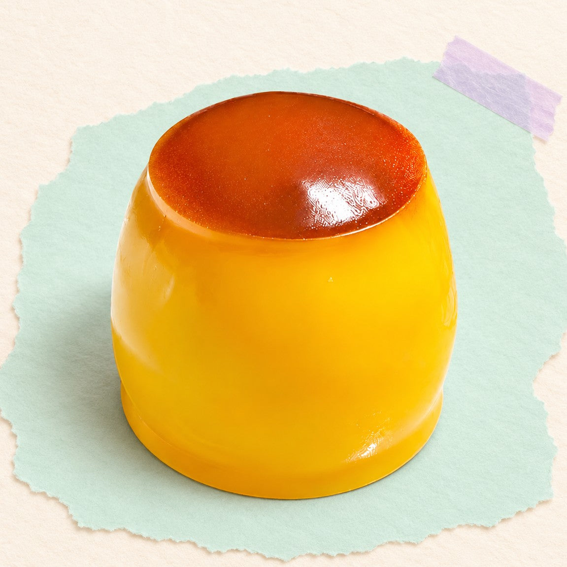 Pudding squishy crunchy – Crunchy Pudding Squishy with Caramel Top, product photo on pastel paper