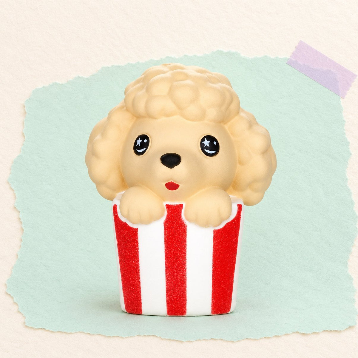 Puppy squishy in een popcornbak, een kawaii hondje