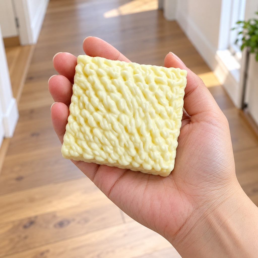 Ramen Squishy, Instant Noodle Block, held in a hand to show the real size