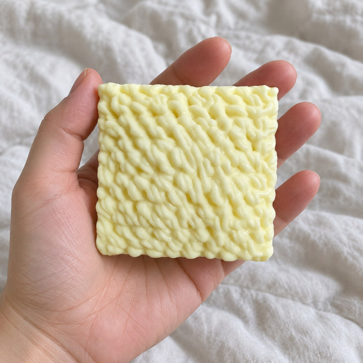 Ramen Squishy, Instant Noodle Block, held toward the camera, first-person view