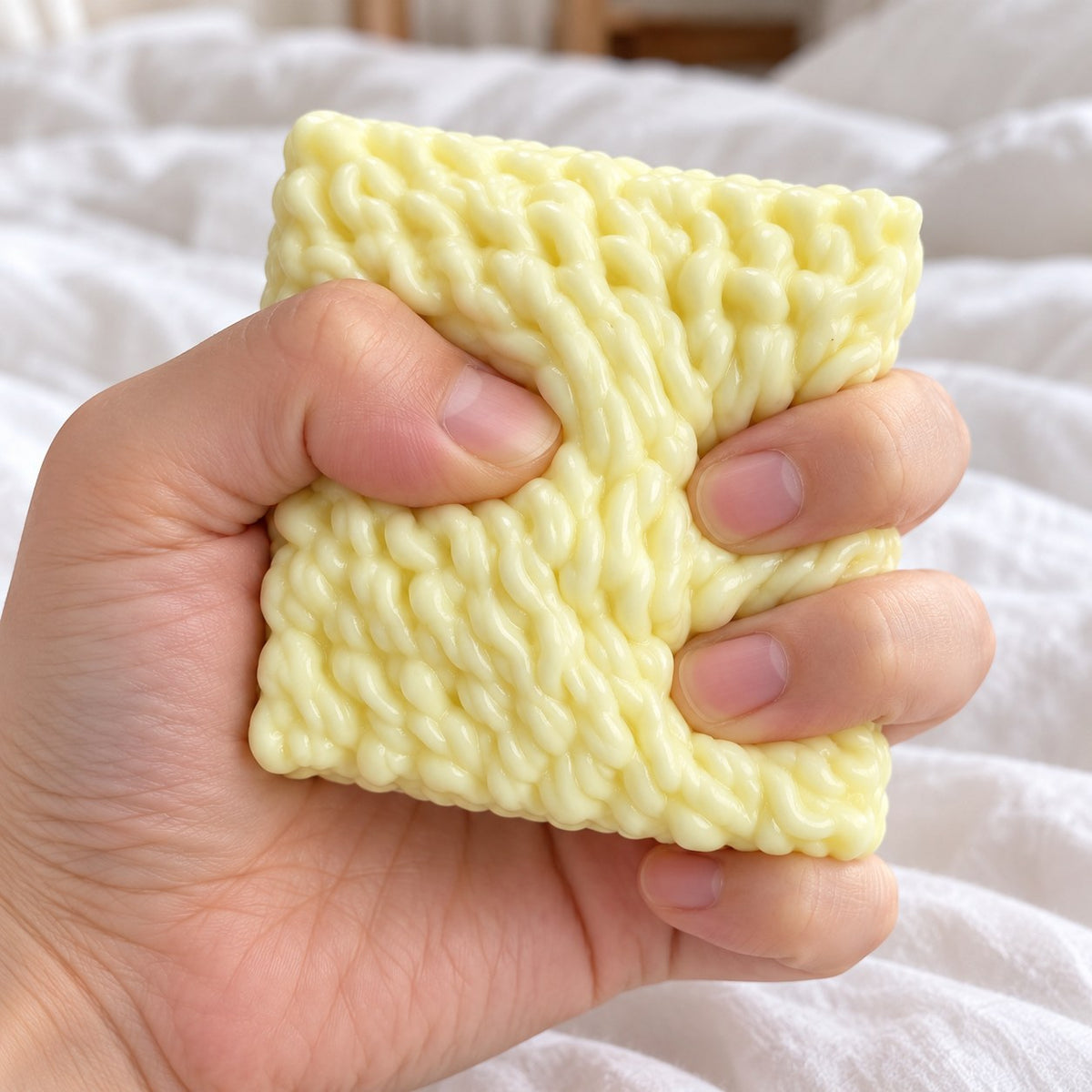 Ramen Squishy, Instant Noodle Block, being squeezed by hand, soft and squishy