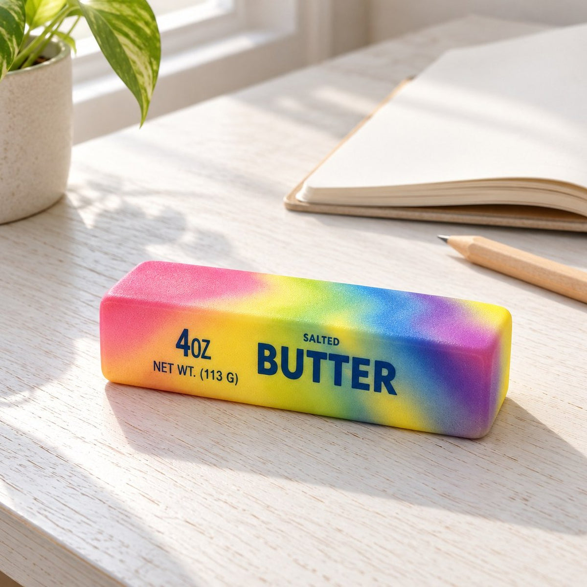 Auf dem Schreibtisch: Regenbogen Butter Squishy mit Notizbuch und Bleistift