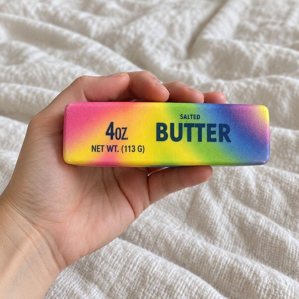 POV: Regenbogen Butter Squishy wird in die Kamera gehalten