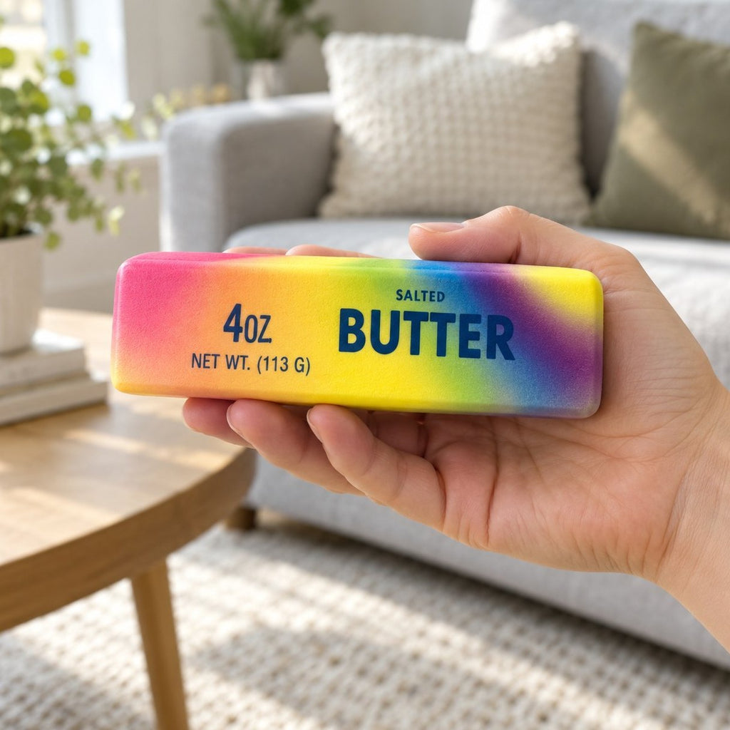 Slow Rising Regenbogen Butter Squishy in einer Hand gehalten, zeigt die echte Größe