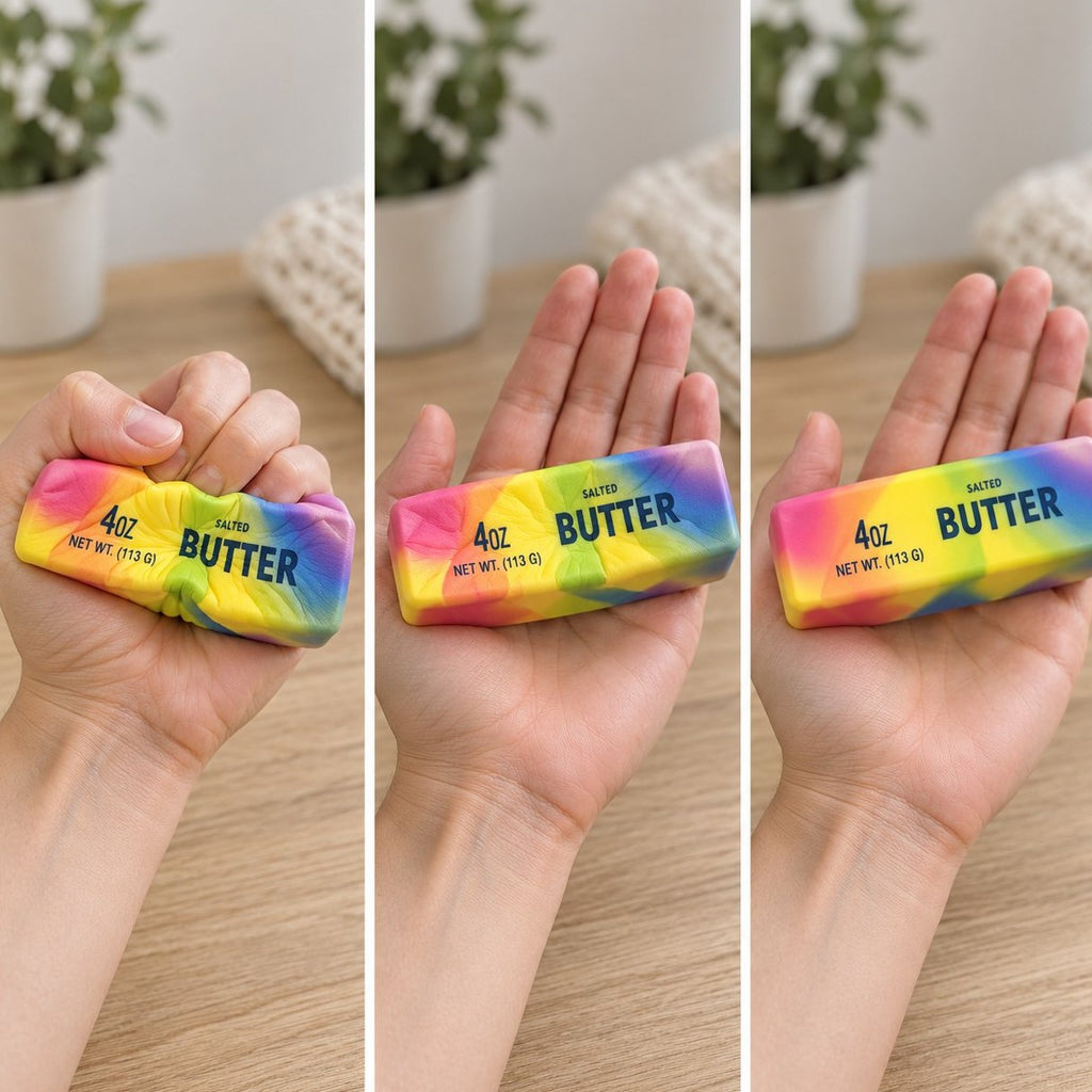 Slow Rising Regenbogen Butter Squishy flach gedrückt, halb aufgegangen und wieder ganz in Form