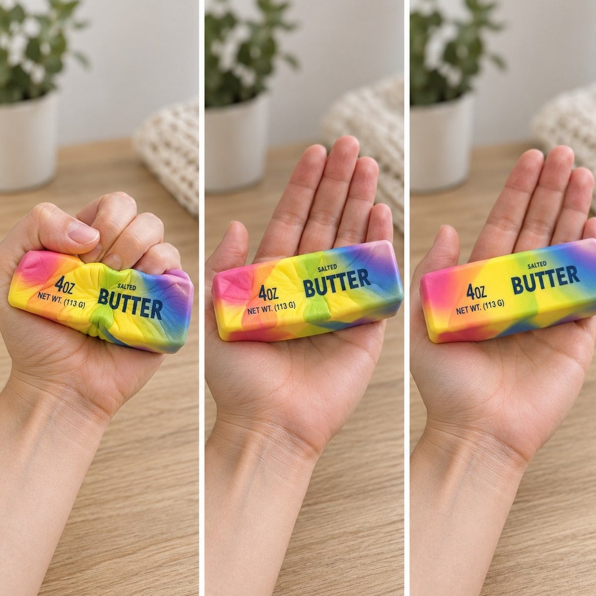 Slow Rising Regenbogen Butter Squishy flach gedrückt, halb aufgegangen und wieder ganz in Form