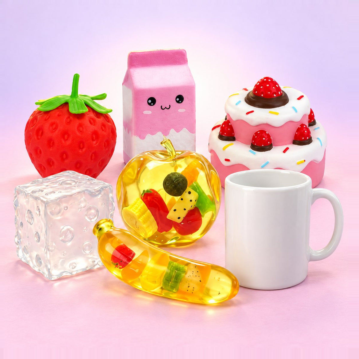Reuzenbox squishy jumbo: 6 grote squishies van banaan tot aardbeientaart, naast een witte mok als maat