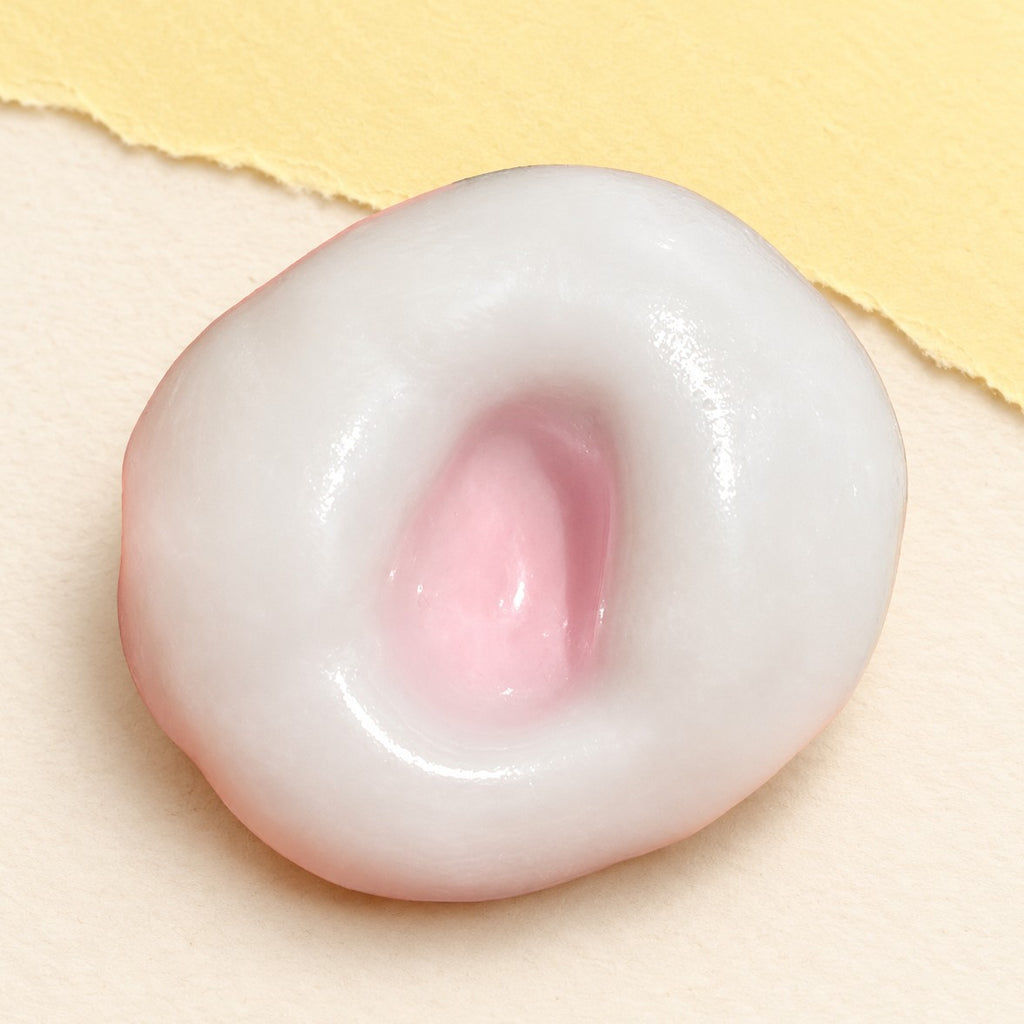 Rice cake squishy mochi – Mochi Squishy Rice Cake, Stretchy Ice Skin (Strawberry pink), product photo on pastel paper