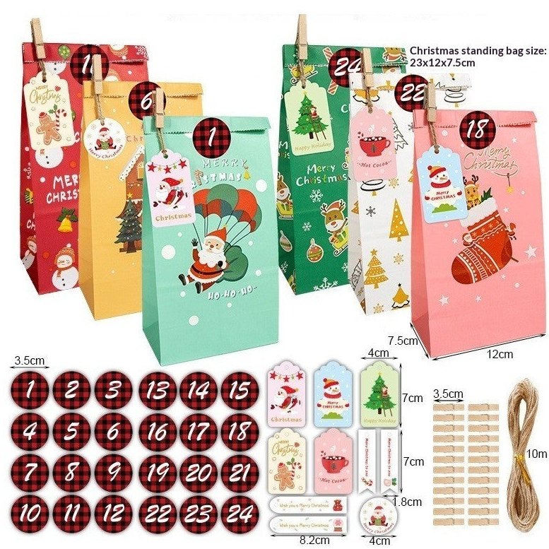 Sachets calendrier de l'Avent à remplir : 24 sachets en papier avec pinces, étiquettes et chiffres