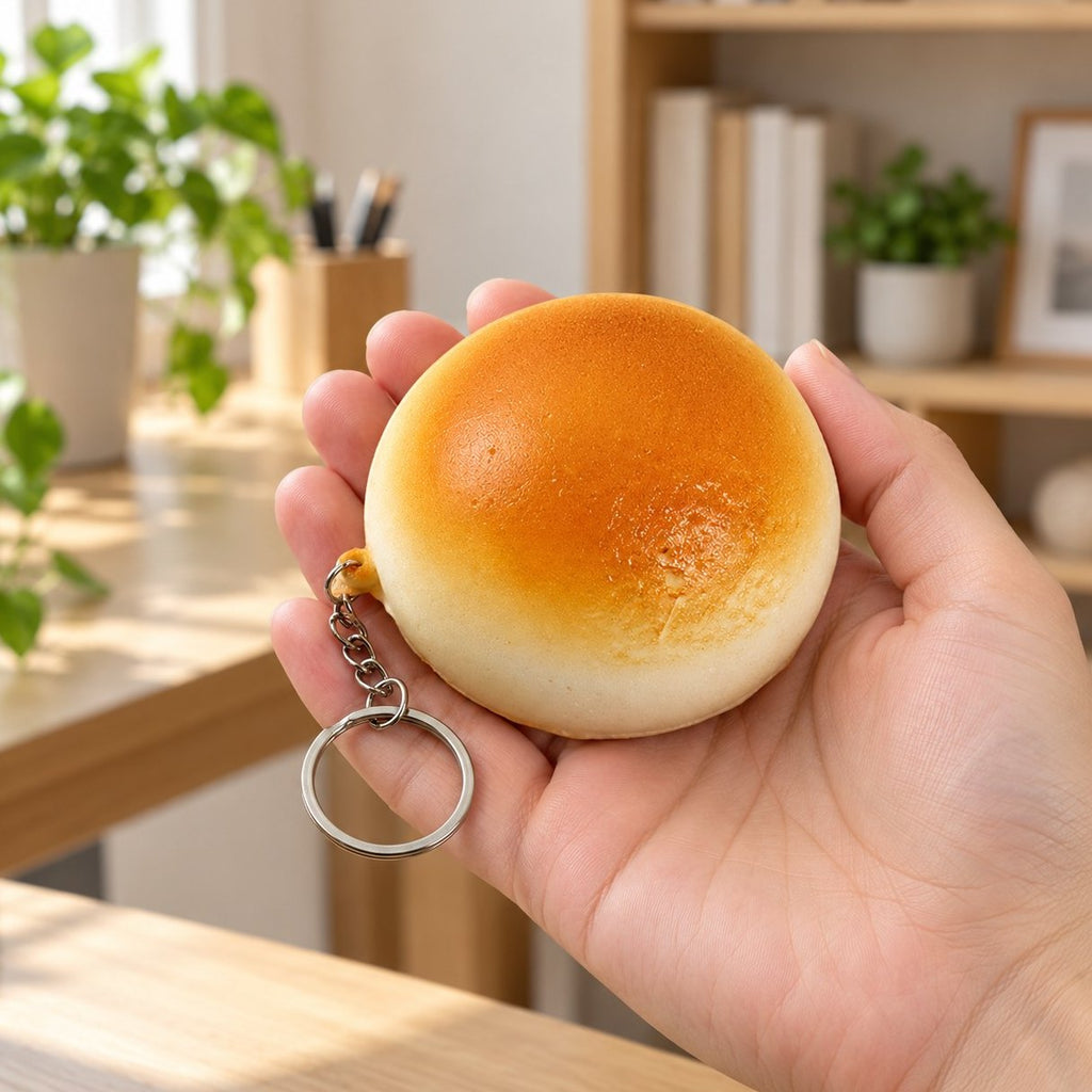 Schlüsselanhänger Squishy (goldbraun, 7 cm) in der Hand, so sieht man die echte Größe