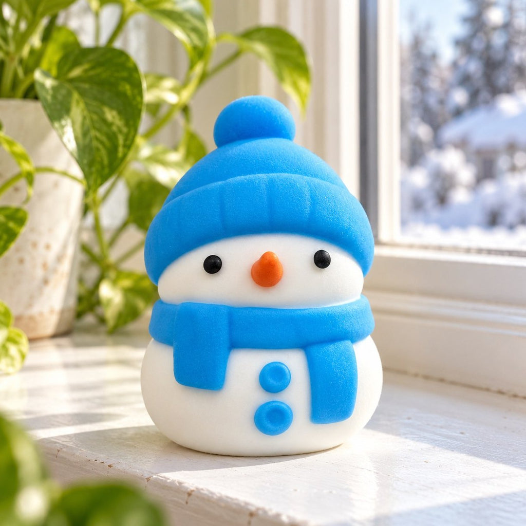 Auf der sonnigen Fensterbank: Weihnachts-Schneemann Squishy in Blau