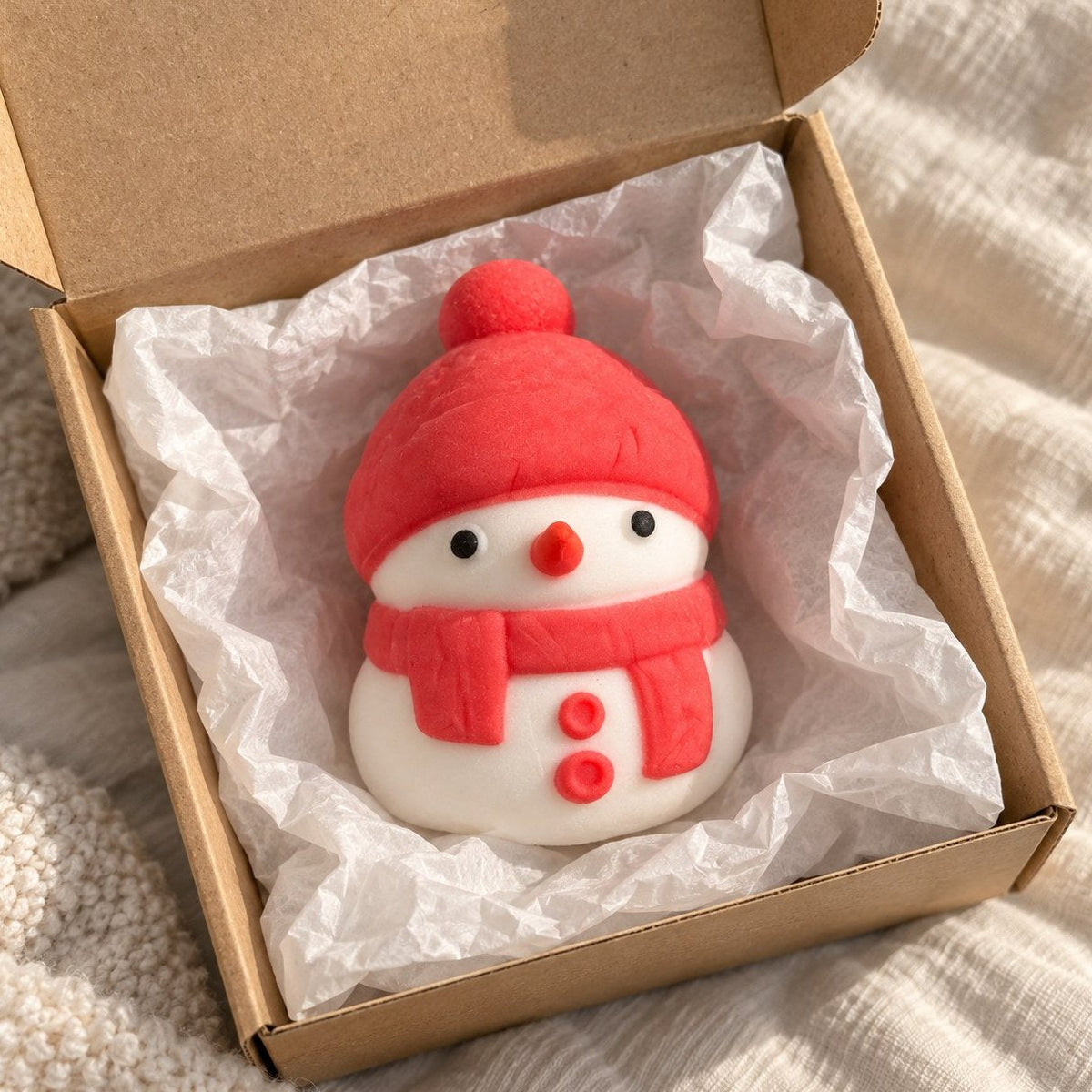 Frisch ausgepackt: Weihnachts-Schneemann Squishy in Rot im Paket mit Seidenpapier