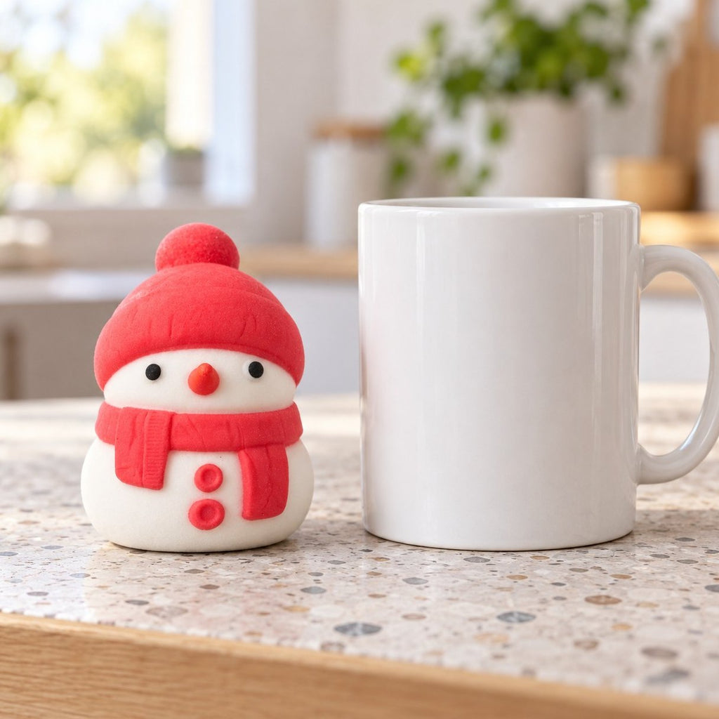Größenvergleich: Weihnachts-Schneemann Squishy in Rot neben einer Kaffeetasse