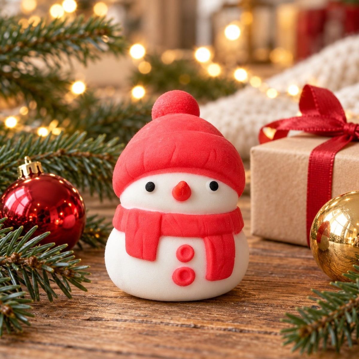 Weihnachtlich dekoriert: Weihnachts-Schneemann Squishy in Rot zwischen Tannenzweigen und Lichterkette