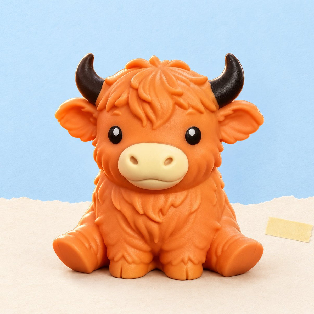 Oranje schotse hooglander squishy jumbo van zacht TPR op pastelkleurig papier
