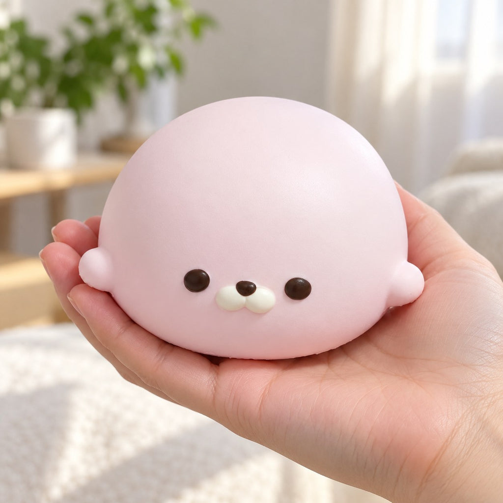 Seal Dumpling Squishy, Slow Rising PU (pink), held in a hand to show the real size