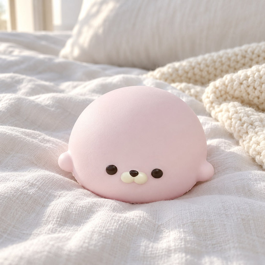 Seal Dumpling Squishy, Slow Rising PU (pink), on a cozy bed with soft blankets