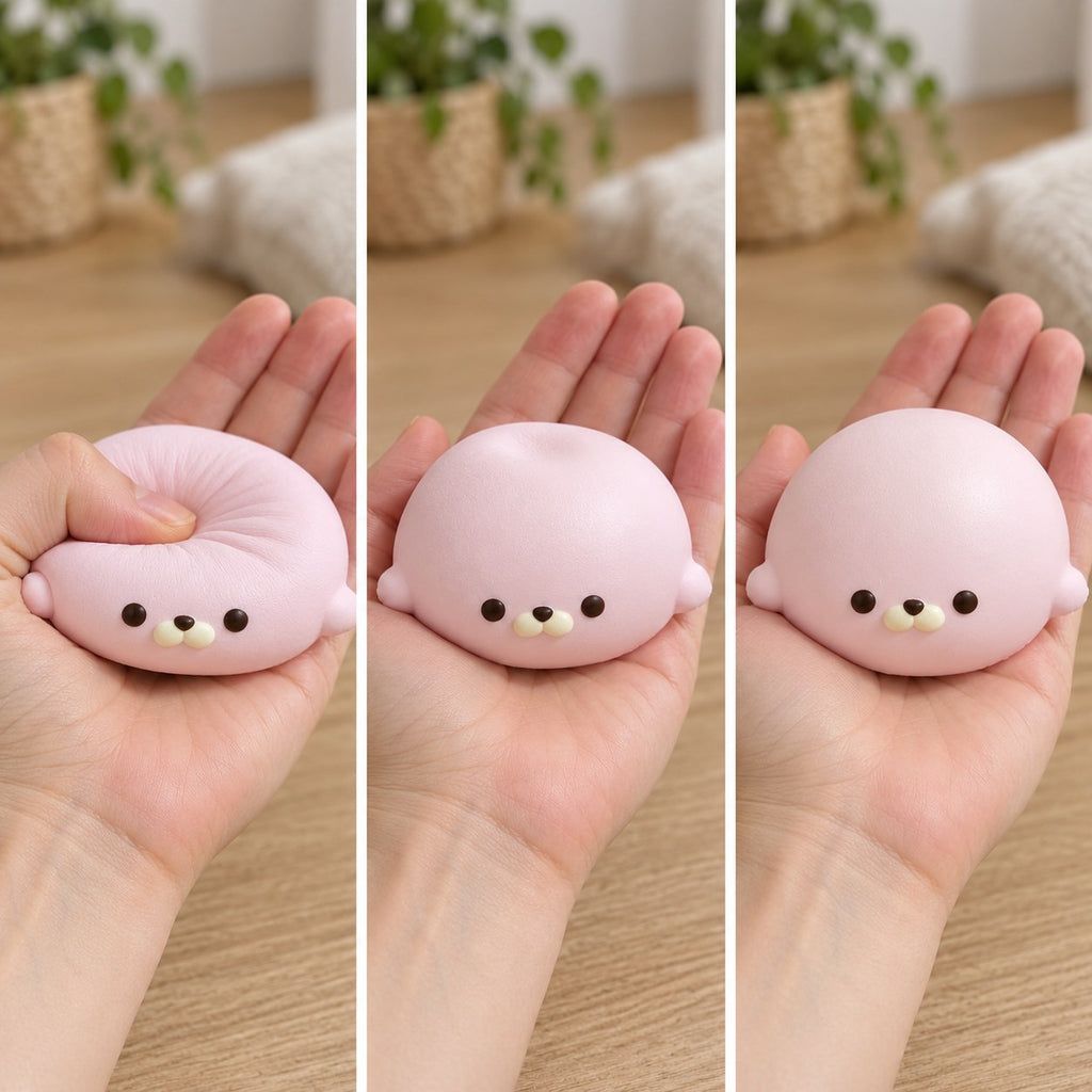 Seal Dumpling Squishy, Slow Rising PU (pink), squished flat, half risen and fully back in shape