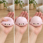 Seal Dumpling Squishy, Slow Rising PU (pink), squished flat, half risen and fully back in shape