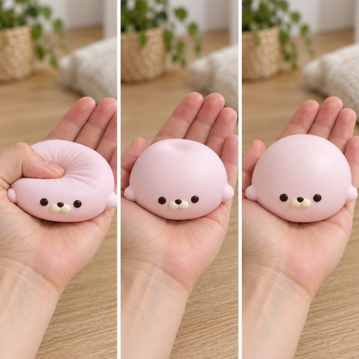 Seal Dumpling Squishy, Slow Rising PU (pink), squished flat, half risen and fully back in shape