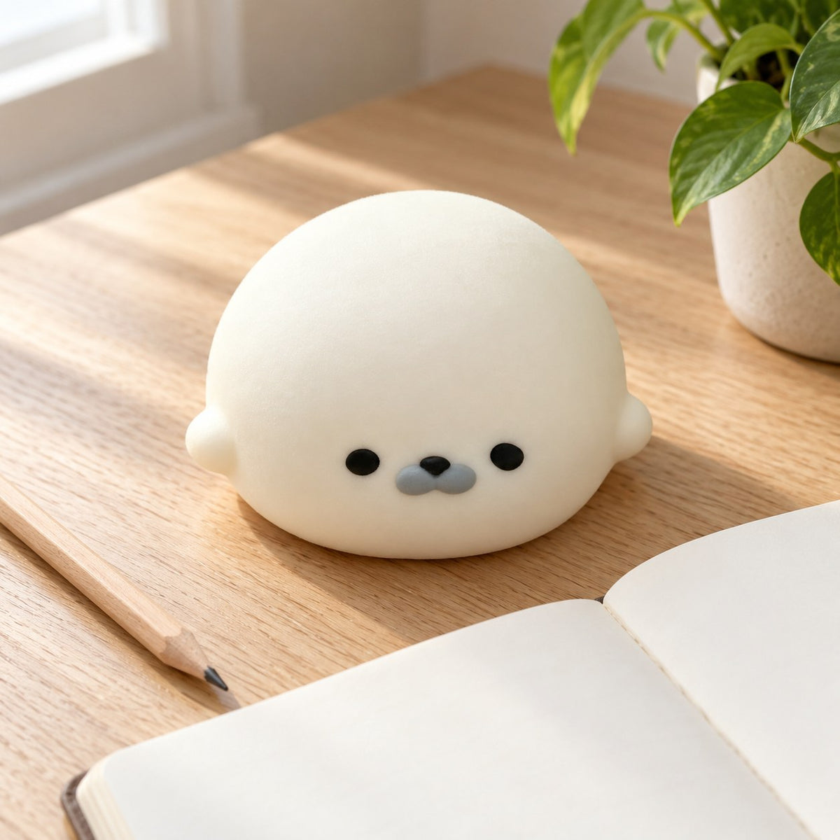 Seal Dumpling Squishy, Slow Rising PU (white), on a desk with a notebook and pencil
