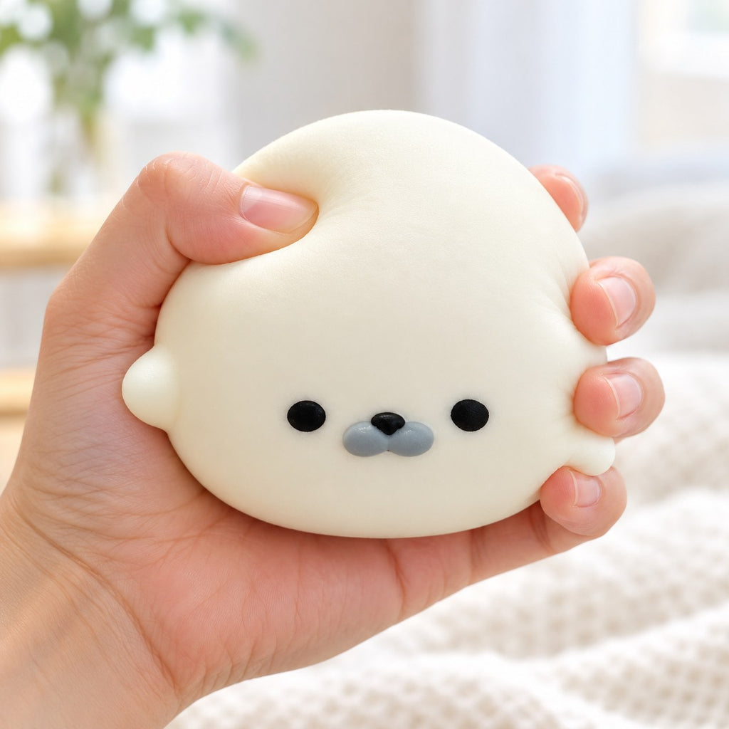 Seal Dumpling Squishy, Slow Rising PU (white), being squeezed by hand, soft and squishy