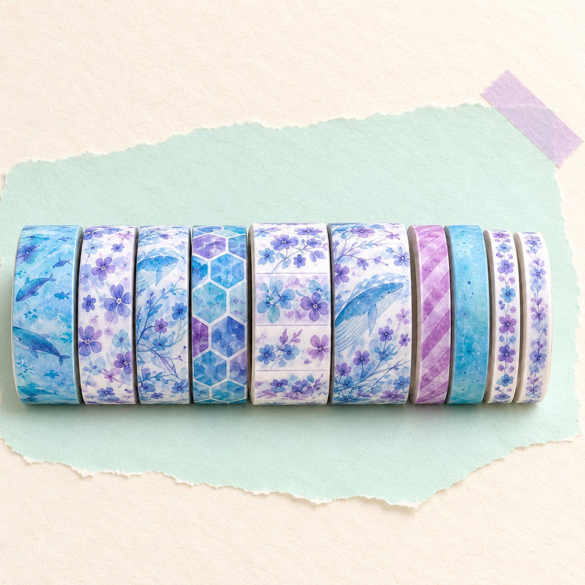Set washi tape de 10 rollos con ballenas y violetas, sobre papel pastel