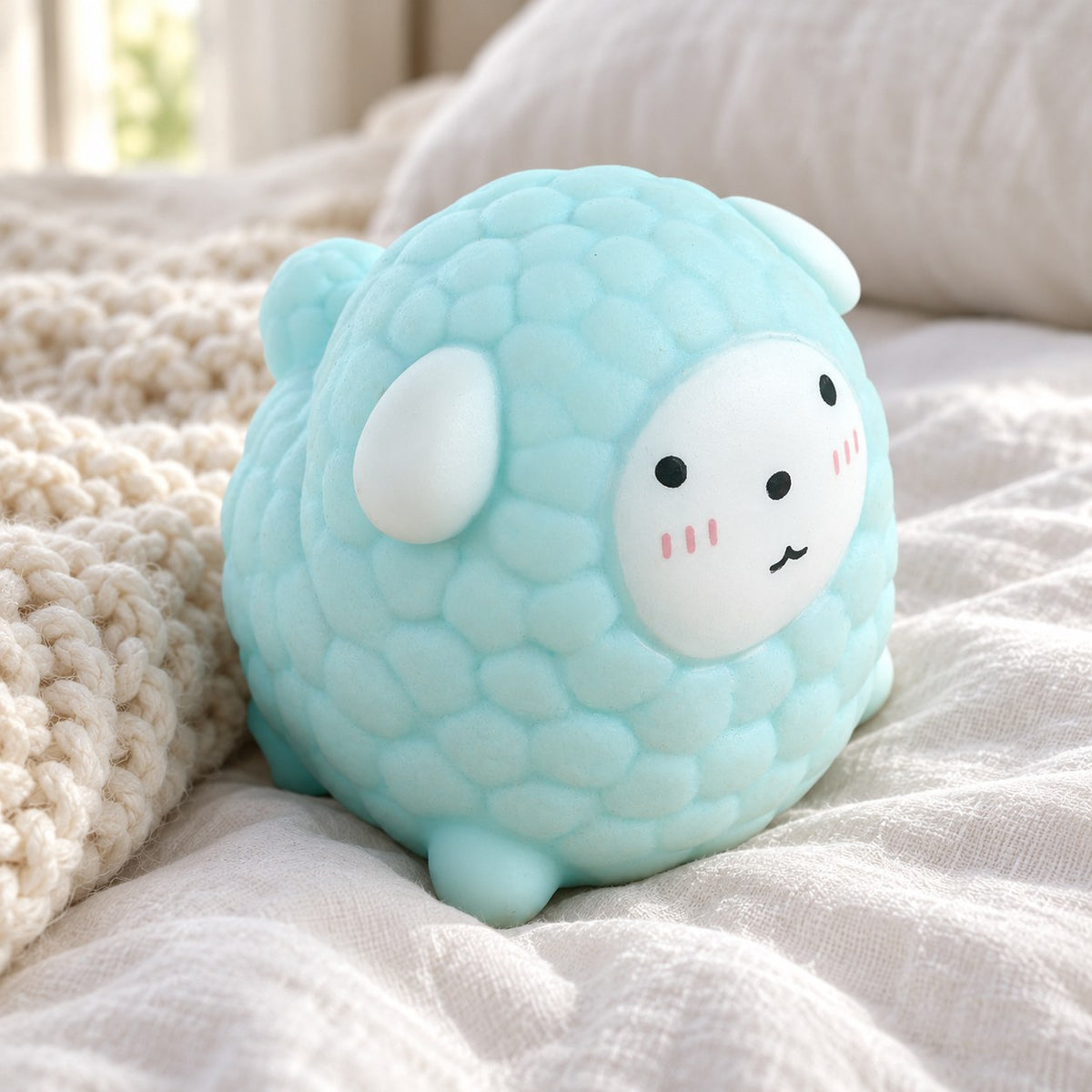 Sheep Squishy, Fluffy Lamb in Pastel TPR (blue), on a cozy bed with soft blankets