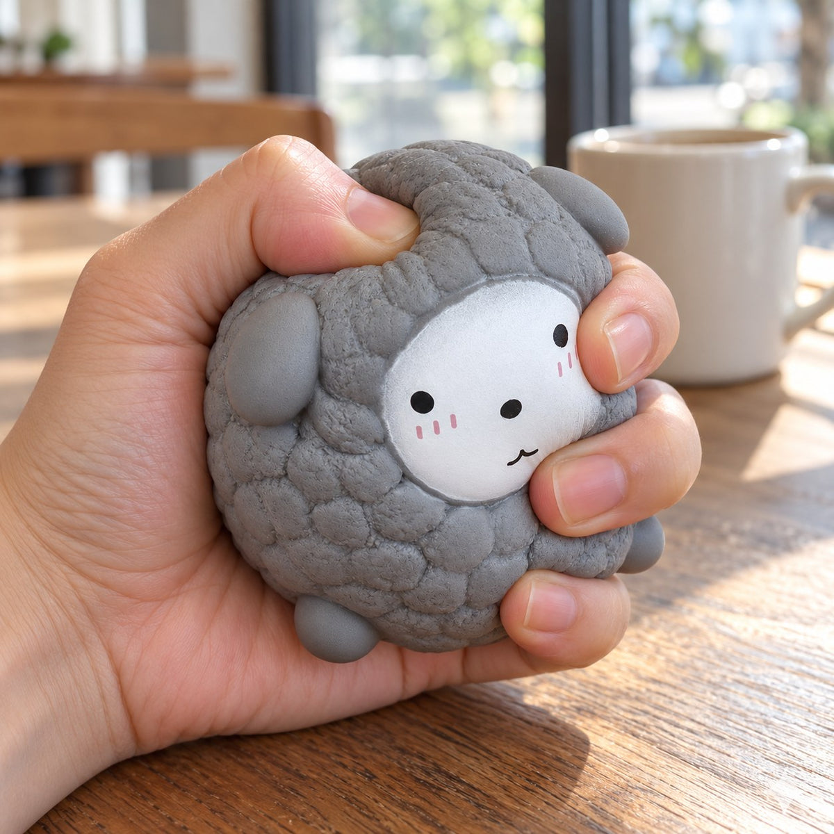 Sheep Squishy, Fluffy Lamb in Pastel TPR (grey), being squeezed by hand, soft and squishy