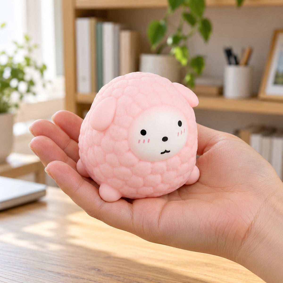 Sheep Squishy, Fluffy Lamb in Pastel TPR (pink), held in a hand to show the real size