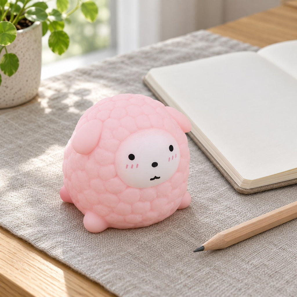 Sheep Squishy, Fluffy Lamb in Pastel TPR (pink), on a desk with a notebook and pencil