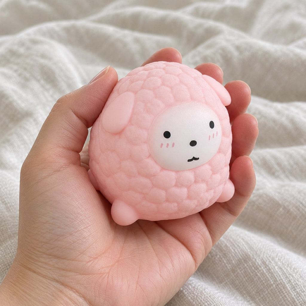 Sheep Squishy, Fluffy Lamb in Pastel TPR (pink), held toward the camera, first-person view