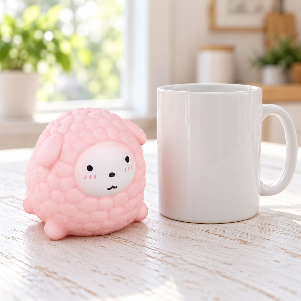 Sheep Squishy, Fluffy Lamb in Pastel TPR (pink), next to a coffee mug for size comparison