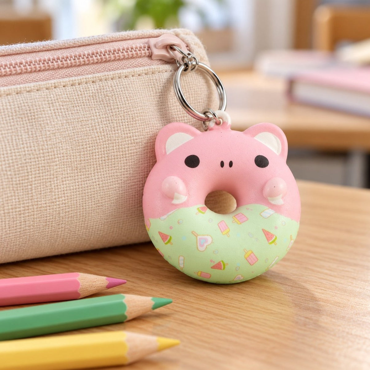 Op school naast het etui: donut sleutelhanger squishy
