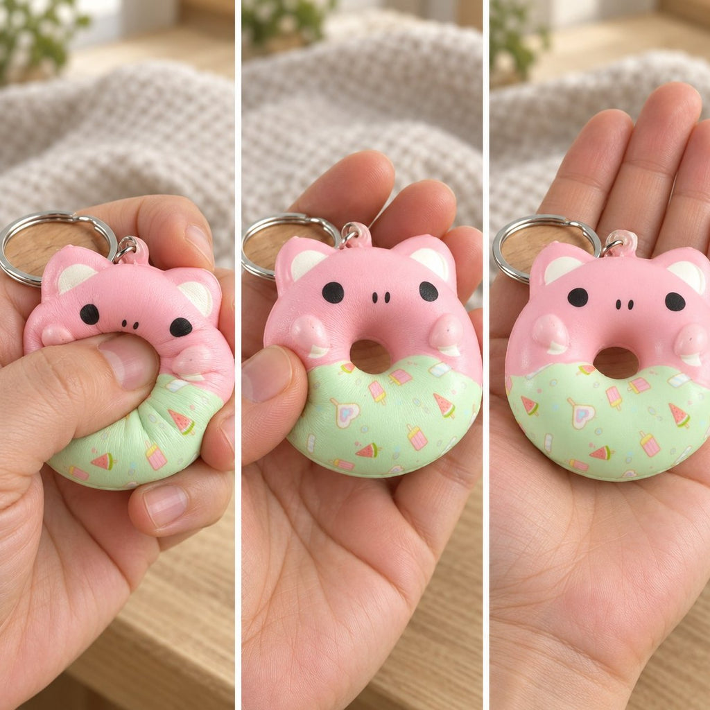 Slow rising sleutelhanger squishy platgedrukt, half omhooggekomen en weer helemaal in vorm