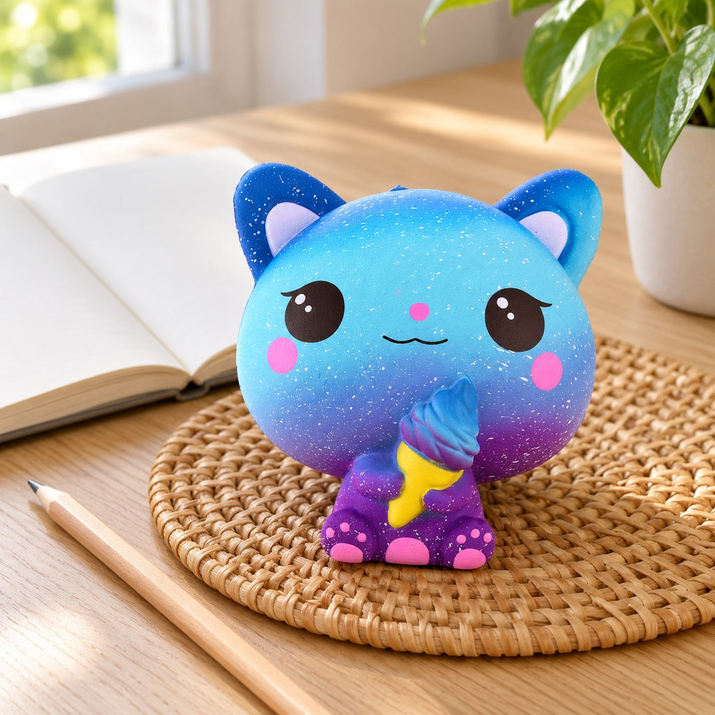Slow Rising Cat Squishy with Ice Cream, Scented (Motif A: Galaxy Cat), on a desk with a notebook and pencil