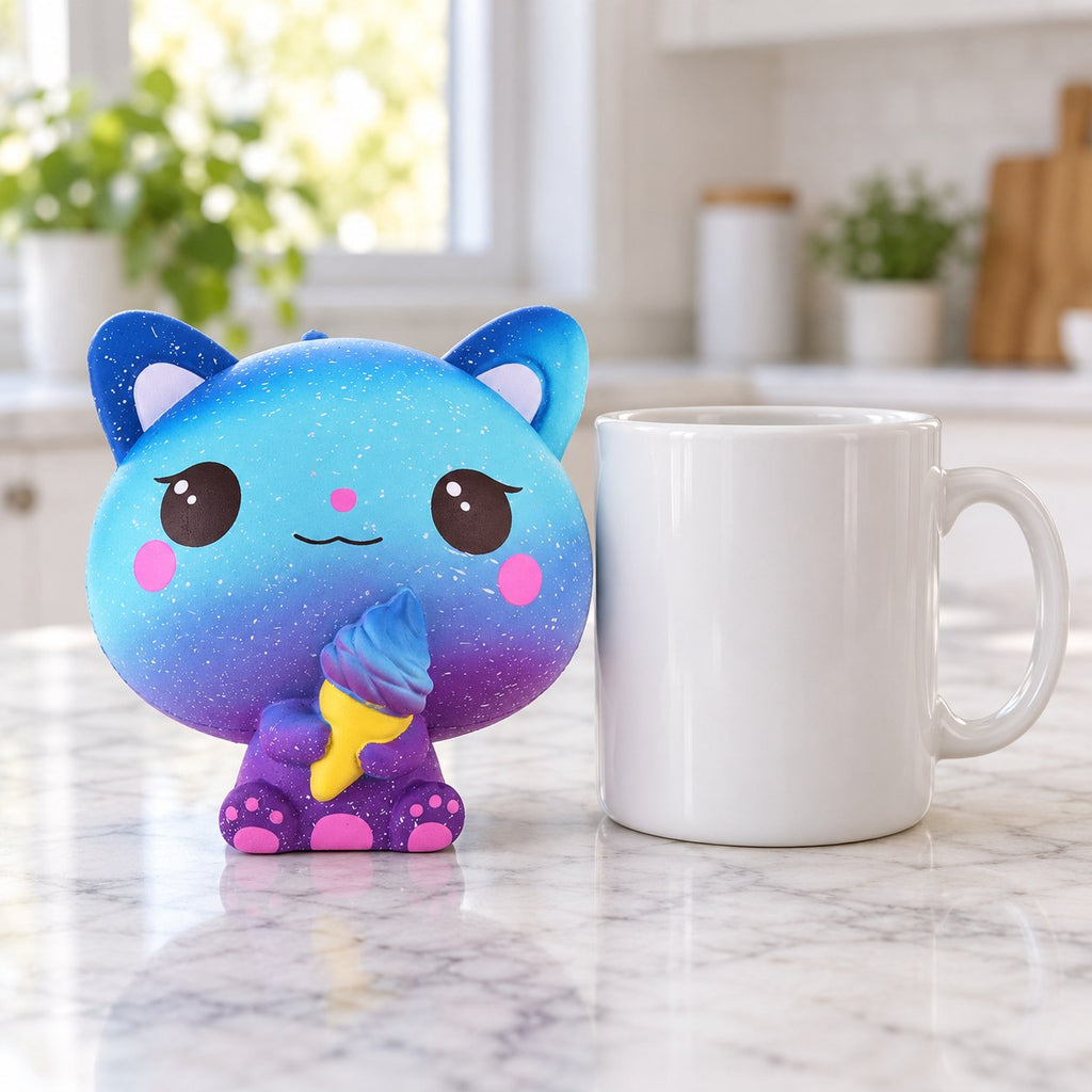 Slow Rising Cat Squishy with Ice Cream, Scented (Motif A: Galaxy Cat), next to a coffee mug for size comparison