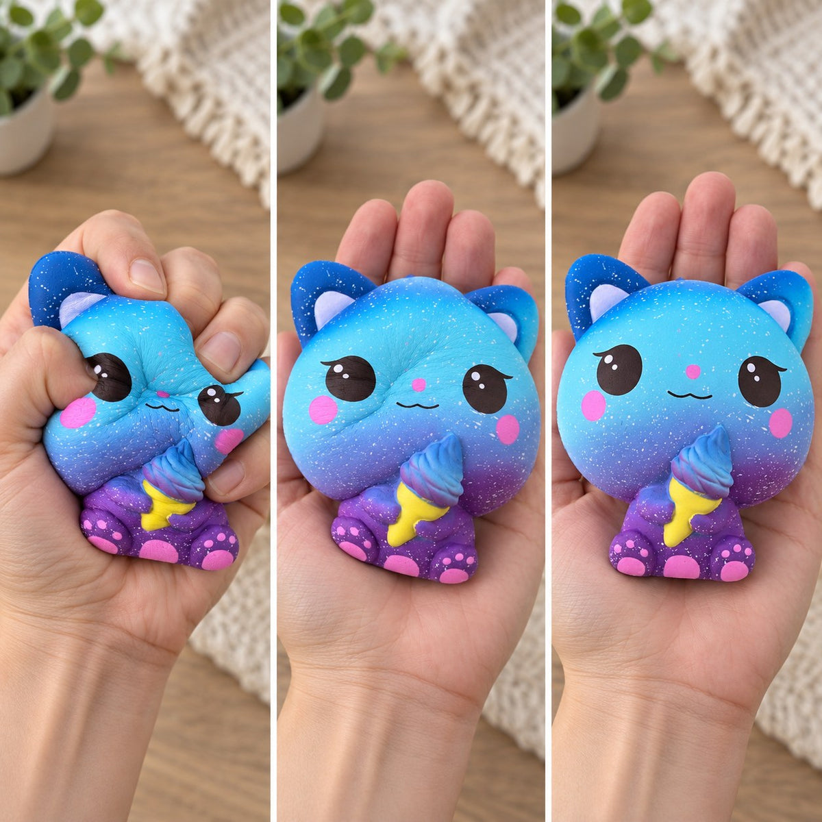 Slow Rising Cat Squishy with Ice Cream, Scented (Motif A: Galaxy Cat), squished flat, half risen and fully back in shape