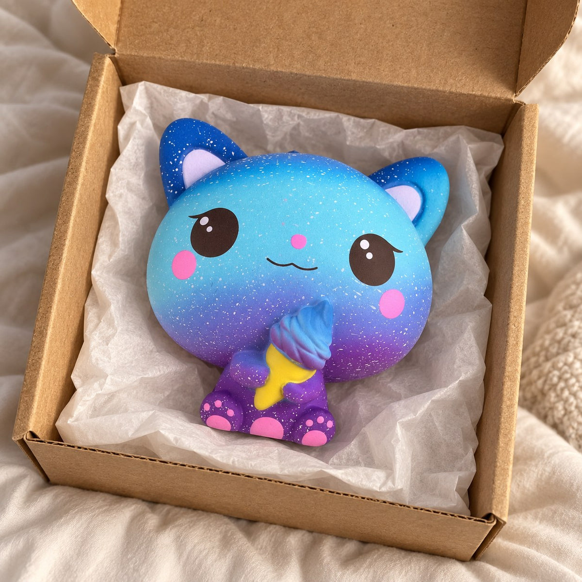 Slow Rising Cat Squishy with Ice Cream, Scented (Motif A: Galaxy Cat), unboxed from a parcel with tissue paper