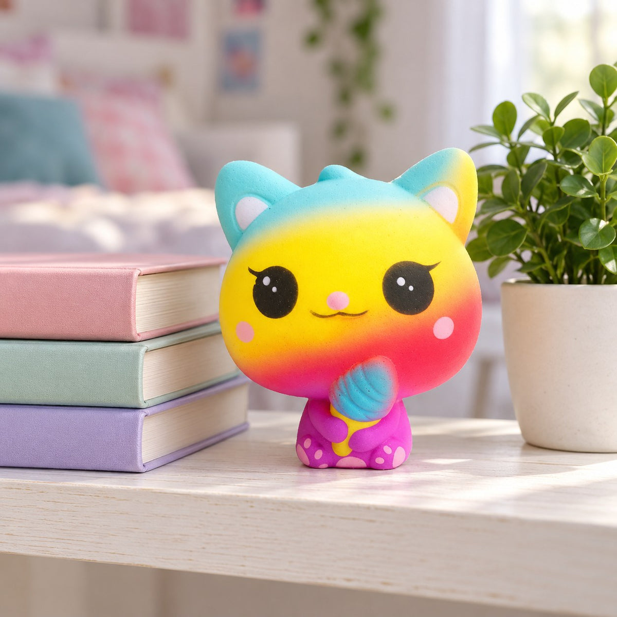 Slow Rising Cat Squishy with Ice Cream, Scented (Motif B: Rainbow Cat), on a shelf with books and a plant as room decor