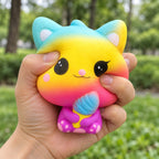 Slow Rising Cat Squishy with Ice Cream, Scented (Motif B: Rainbow Cat), being squeezed by hand, soft and squishy