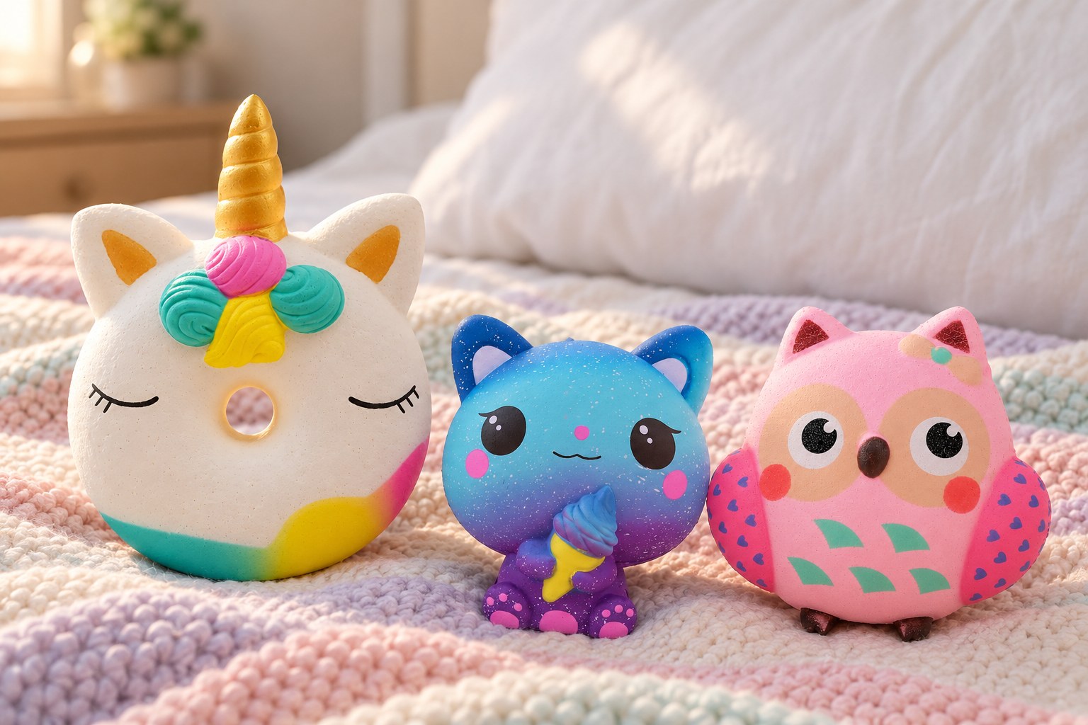 Skum-squishy: enhörningsdonut, galaxkatt och rosa uggla på en säng med filt i pastell
