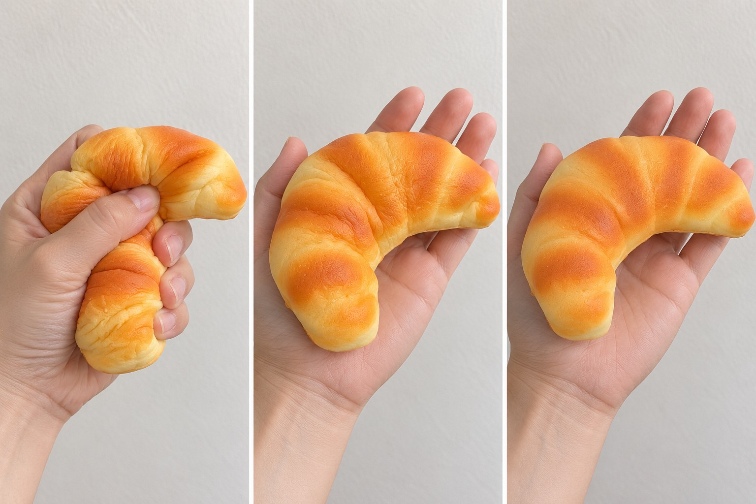 Langsam aufgehend: Squishy als Croissant in der Hand, flach gedrückt, halb aufgegangen und wieder ganz in Form