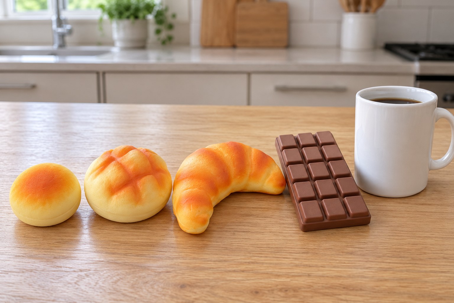 Slow rising squishies rund bolle, ananasbolle, croissant og chokoladeplade ved et hvidt kaffekrus, sorteret efter størrelse