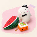 Slow rising squishy set – Slow Rising Squishy Trio, product photo on pastel paper