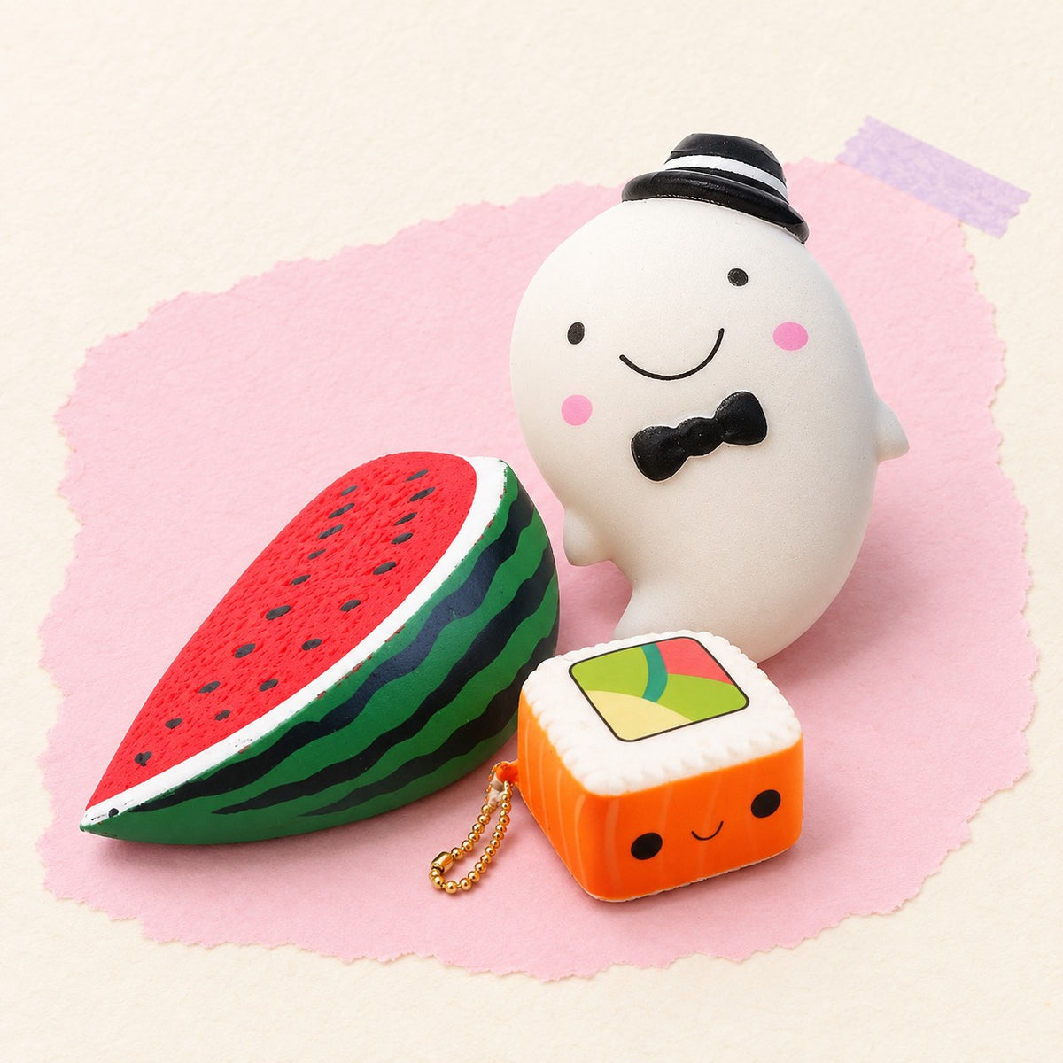 Slow rising squishy set – Slow Rising Squishy Trio, product photo on pastel paper