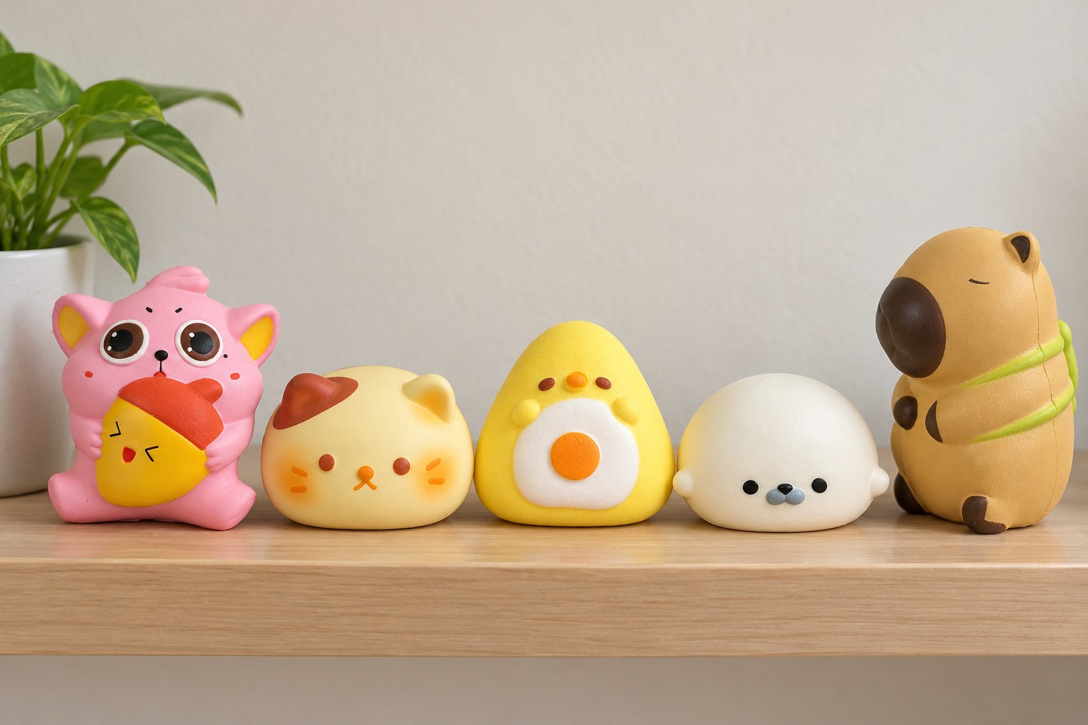 Fünf runde Slow Rising Squishies auf einem Holzregal: Pummelkatze mit Eichel, Katzenbrötchen, Onigiri-Küken, weiße Robbe und Capybara