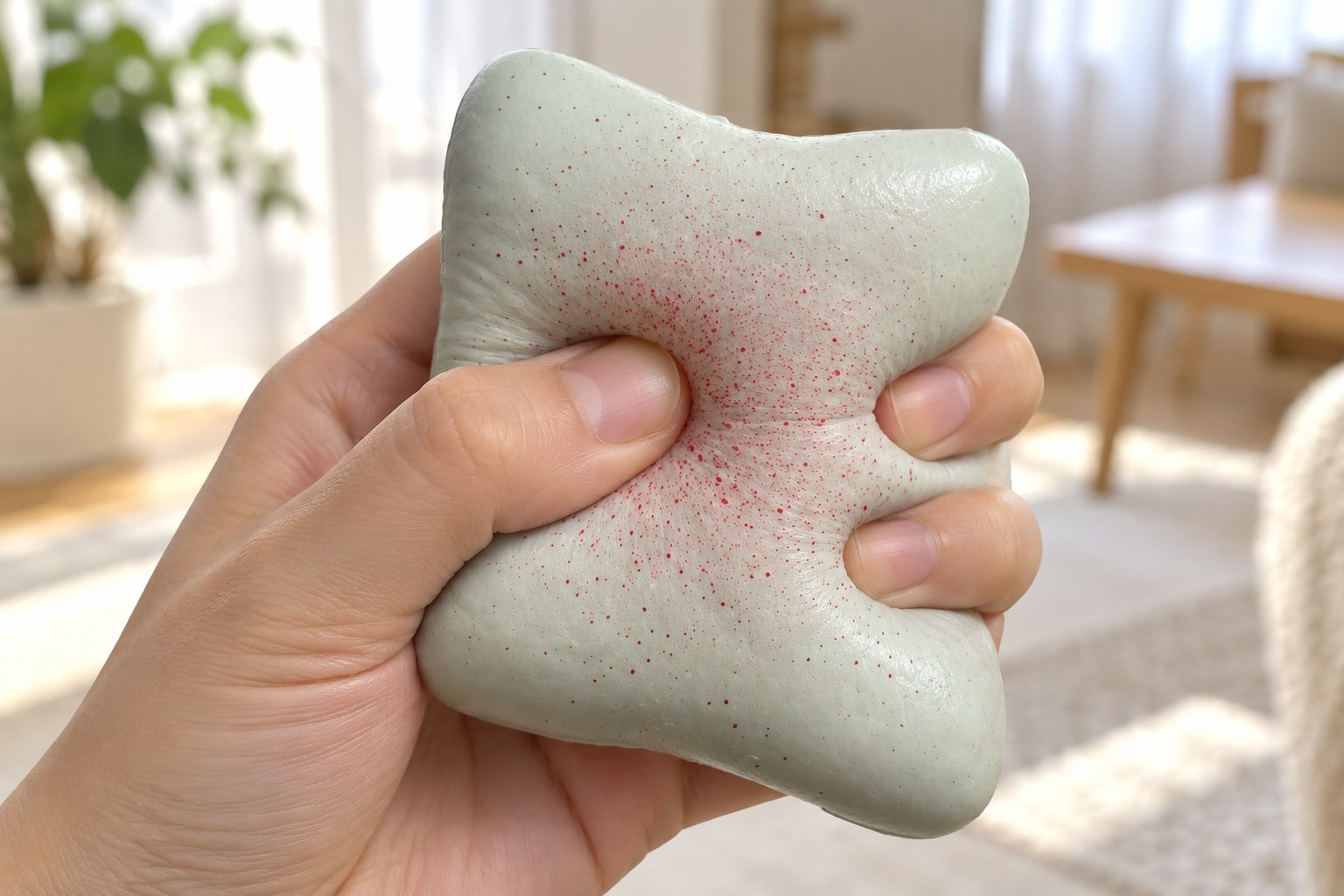 Hand squeezing a thick slow rising toast squishy, the foam dents under the fingers