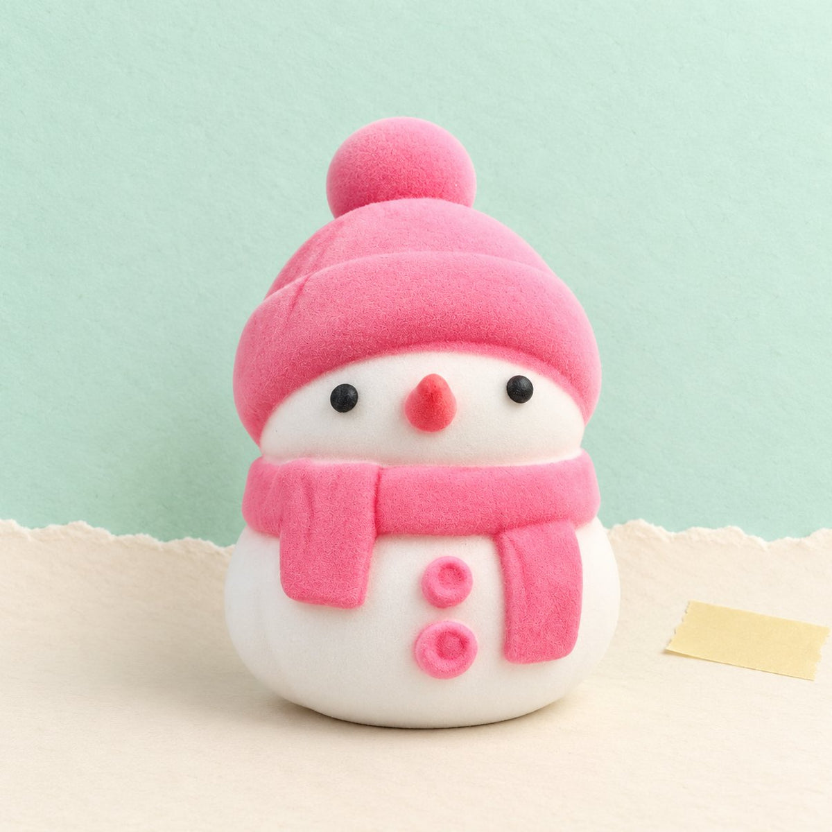 Roze sneeuwpop squishy in zakje, zacht als mochi, op pastelkleurig papier
