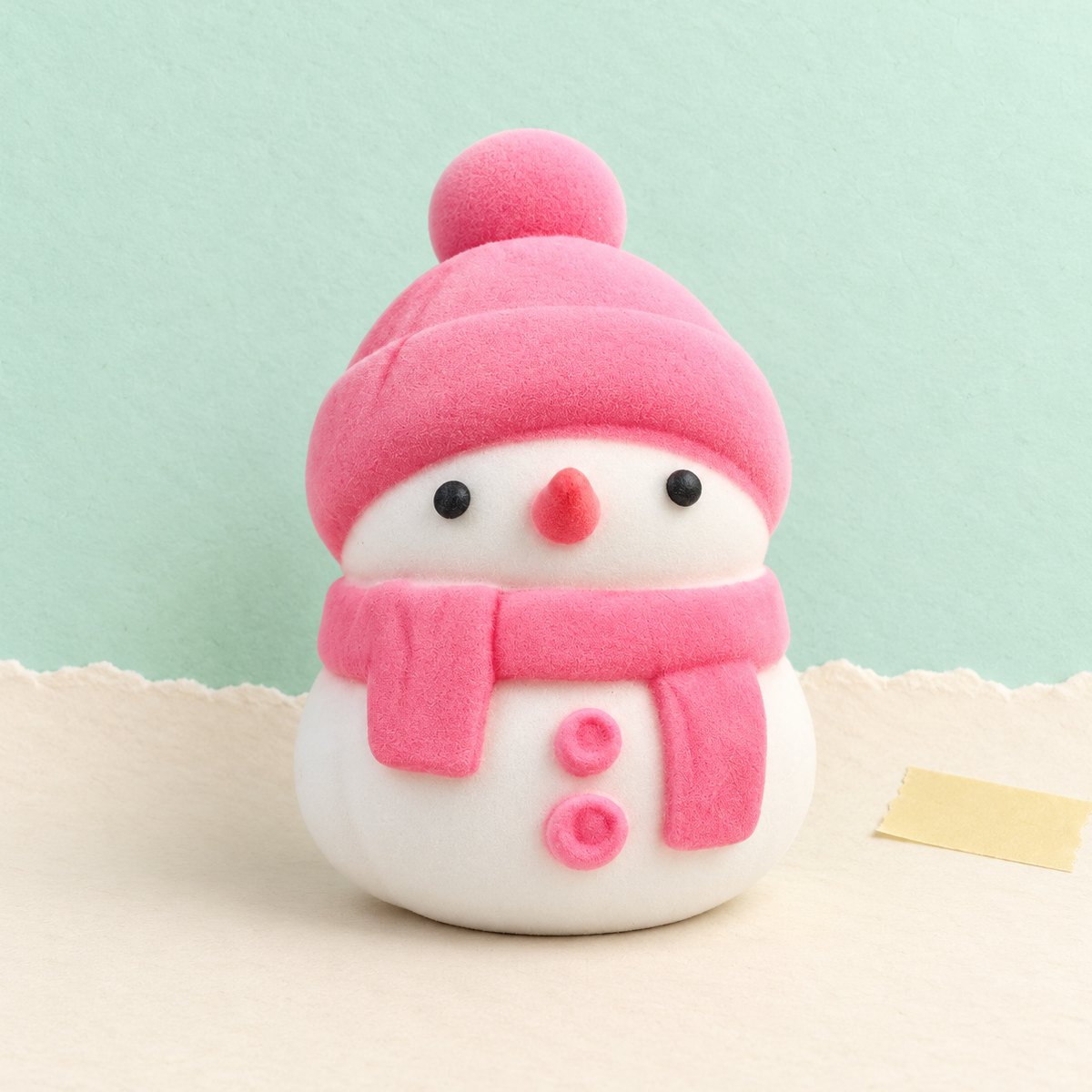 Rosa snögubbe squishy i påse, mjuk som mochi och slow rising, på pastellpapper